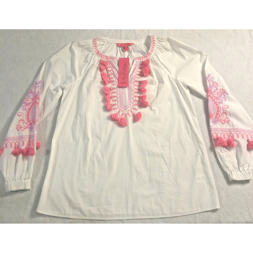 Lilly Pulitzer Kaydence Tunic Top Resort White Pink embroidery Size XXS NWT - Picture 4 of 16